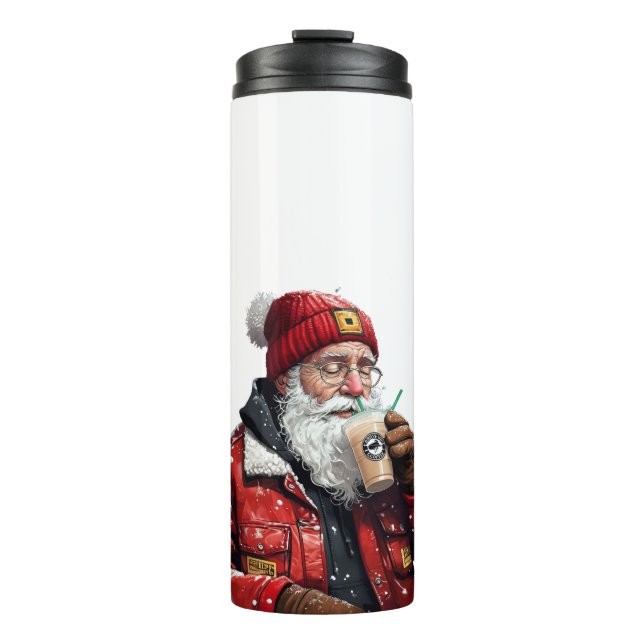 Cool Santa Drinking Iced Coffee Christmas Art Thermal Tumbler (Front)