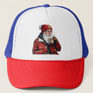 Cool Santa Drinking Iced Coffee Christmas Art Trucker Hat