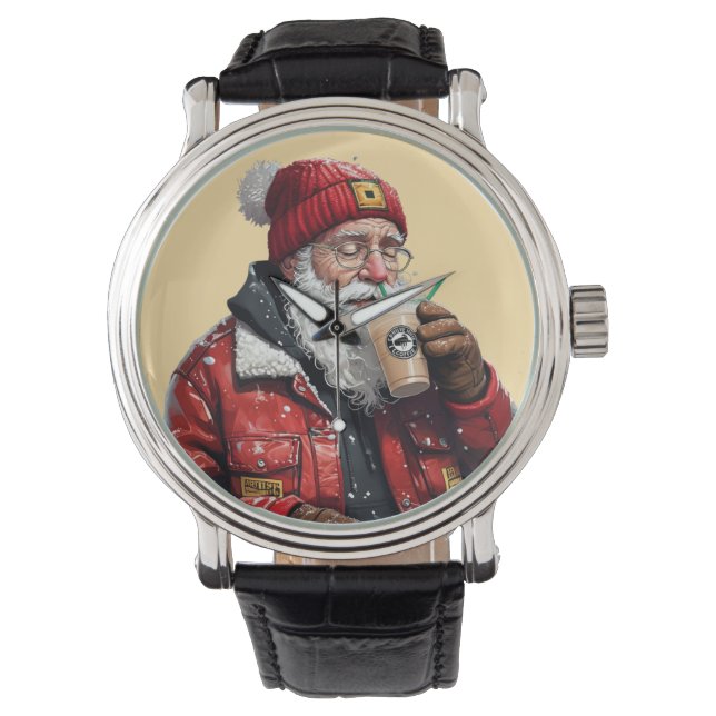 Cool Santa Drinking Iced Coffee Christmas Art Watch (Front)