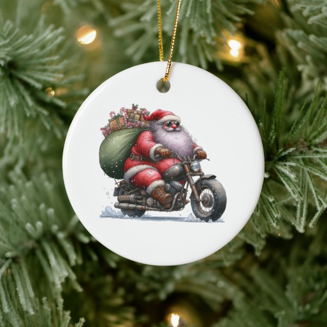 Cool Santa on a Motorcycle Customised Ceramic Ornament (Tree)