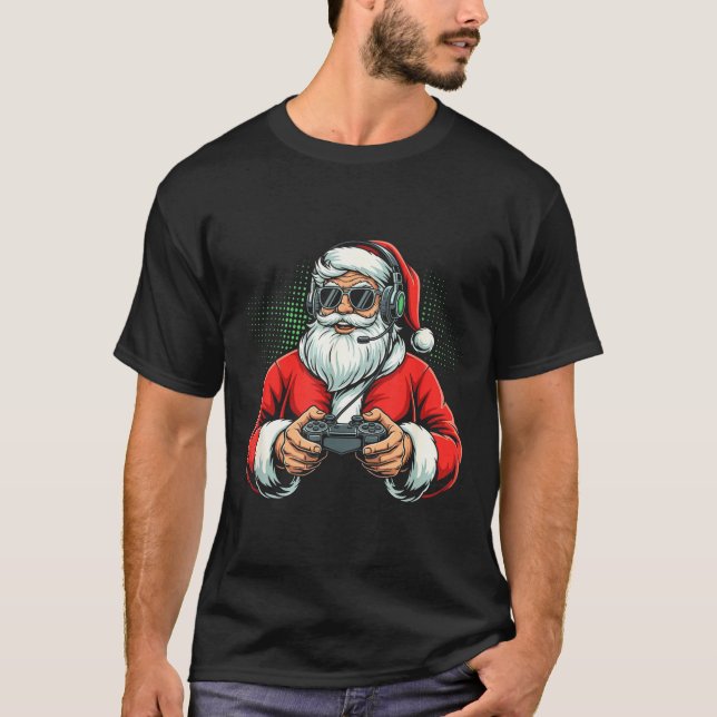Cool Santa Playing Video Games Christmas Gamer Boy T-Shirt (Front)