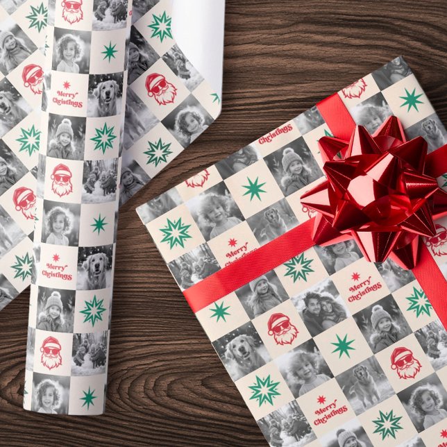 Cool Santa retro Merry Christmas photo red green Wrapping Paper (Cool Santa retro Merry Christmas photo red green Wrapping Paper)