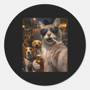 Cool sarcastic cat with dogs selfie meme animal classic round sticker