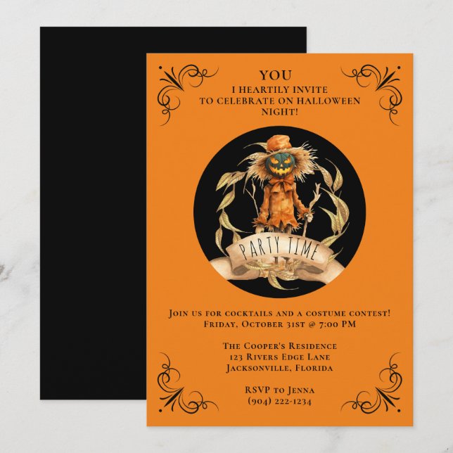 Cool Scarecrow Halloween Party Invite (Front/Back)