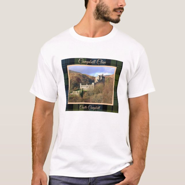Cool Scottish Campbell Clan's Castle & Tartan T-Shirt (Front)