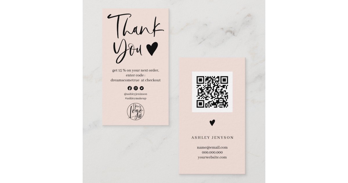 Cool script blush pink logo order thank you business card | Zazzle