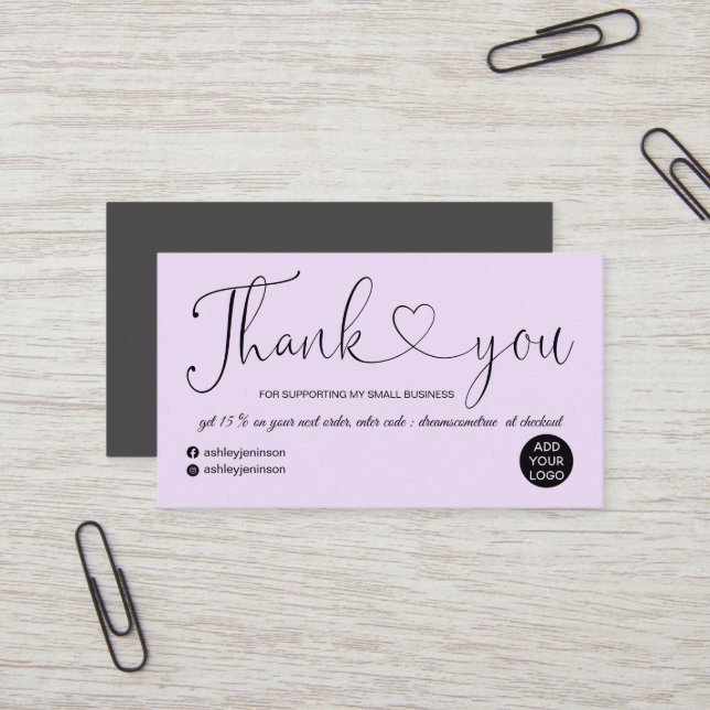 Cool script heart lavender purple order thank you business card (Front/Back In Situ)