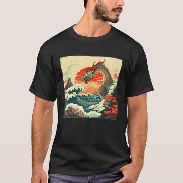 Cool Sea Dragon Illustration Ocean Waves Sunset Wo T-Shirt (Front)