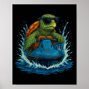 Cool sea turtle with sunglasses jet ski summer poster