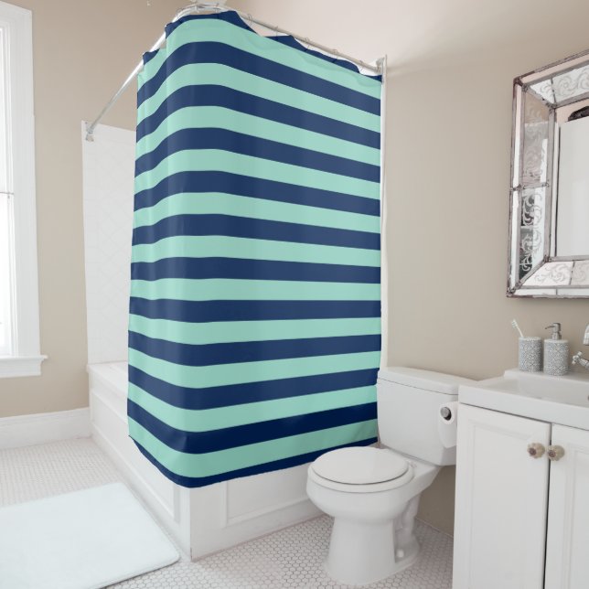 Cool Seafoam Green and Navy Stripes Shower Curtain (In Situ)