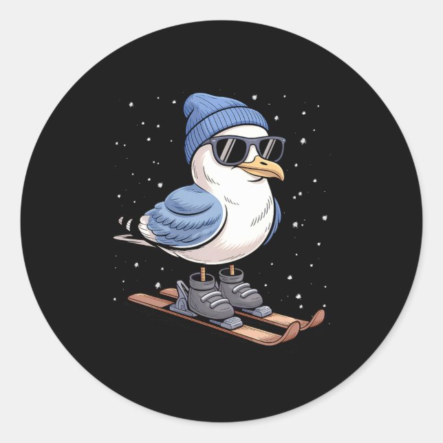 Cool Seagull On Skis - Nordic Winter Seagulls Aprè Classic Round Sticker (Front)