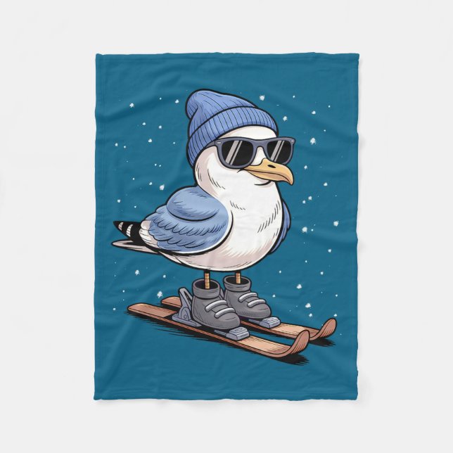 Cool Seagull On Skis - Nordic Winter Seagulls Aprè Fleece Blanket (Front)