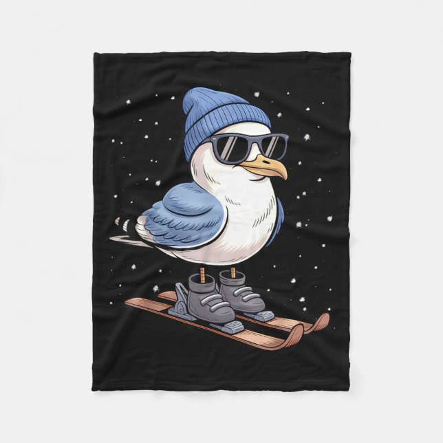 Cool Seagull On Skis - Nordic Winter Seagulls Aprè Fleece Blanket (Front)