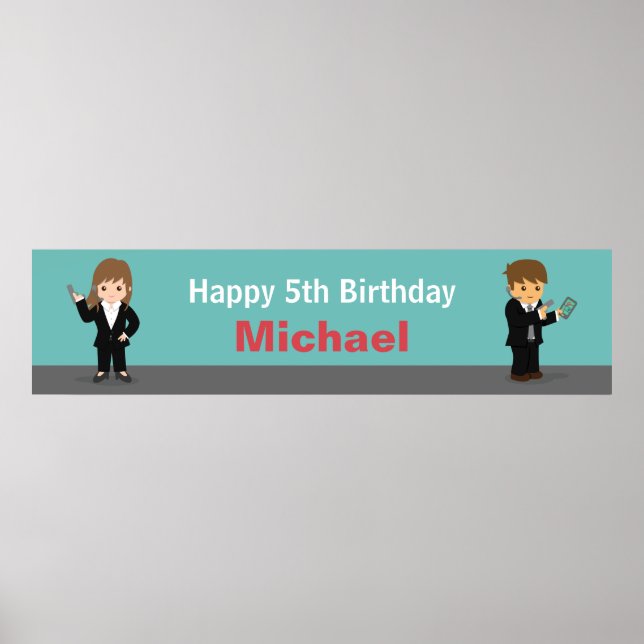 Cool Secret Agent Kids Birthday Party Banner Poster (Front)