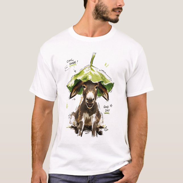 Cool Shade Good Day Funny Donkey with Leaf Hat T-Shirt (Front)