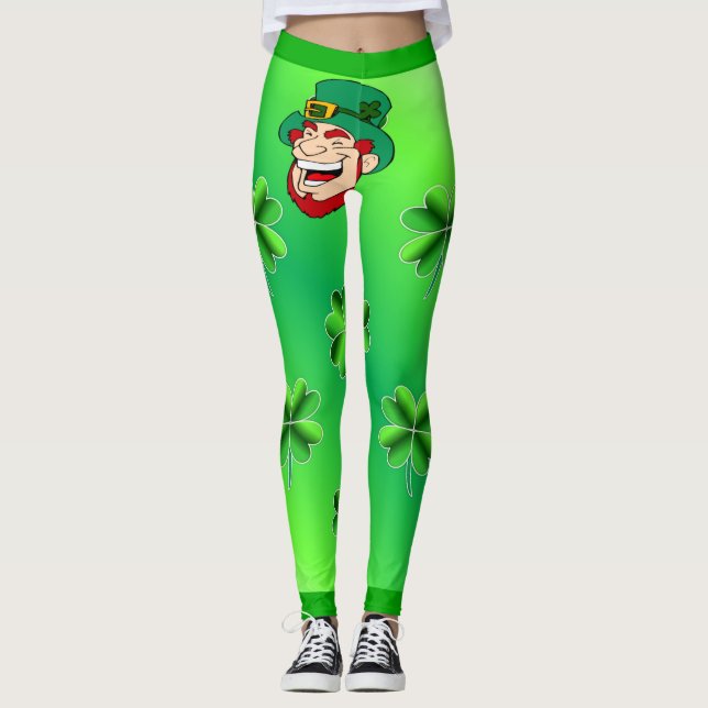 Cool Shamrock and Leprechaun Bright Green Heart Leggings (Front)