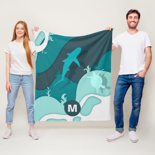 Cool Shark Abstract Art Monogram Fleece Blanket (In Situ)