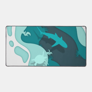 Cool Shark and Turtle Abstract Art Blue Desk Mat