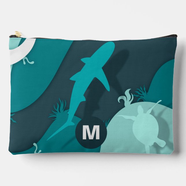 Cool Shark and Turtle Abstract Art Monogram Accessory Pouch (Front)