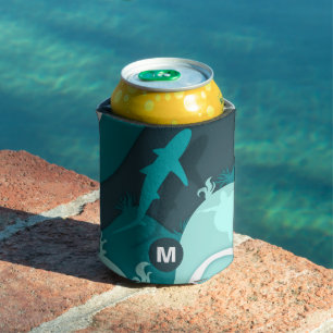 Cool Shark and Turtle Abstract Art Monogram Can Cooler