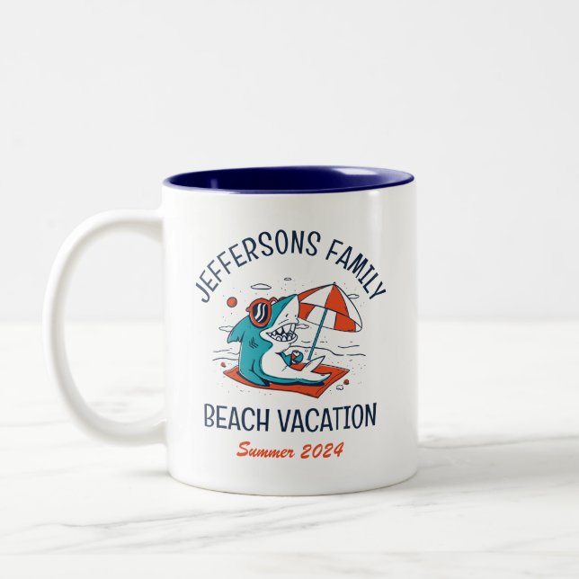 Cool Shark Family Reunion Beach Summer Vacation Two-Tone Coffee Mug (Left)