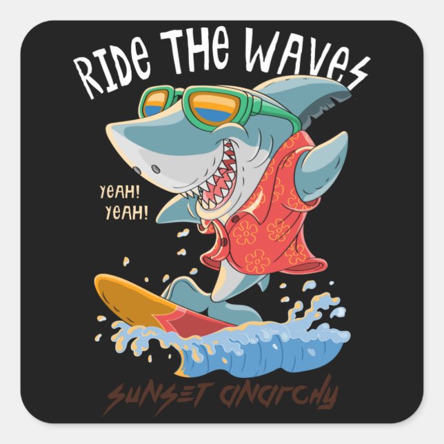 Cool shark surfing square sticker (Front)