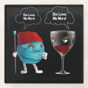 Cool She Loves Me Crochet And Wine Funny Needle Glass Coaster