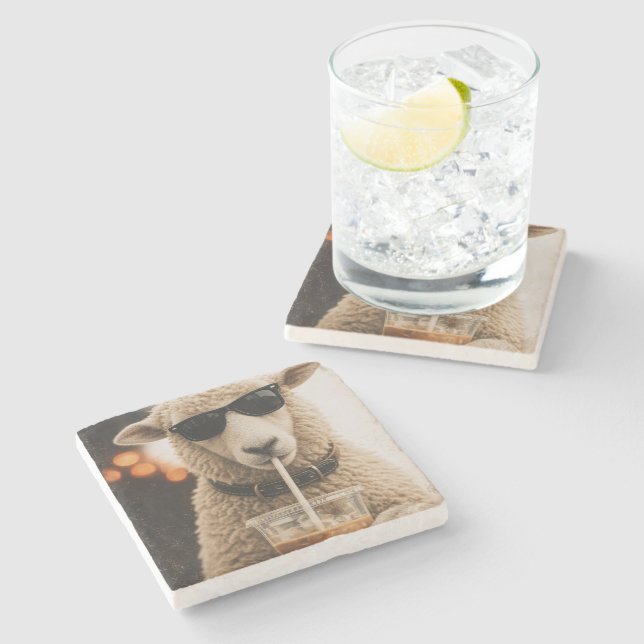 Cool Sheep Drinking Iced Coffee Stone Coaster (Side)