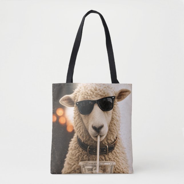 Cool Sheep Drinking Iced Coffee Tote Bag (Front)