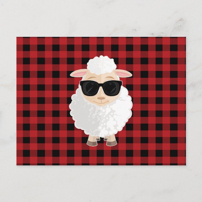 Cool Sheep Sunglasses Red Gingham Cute Cartoon Postcard (Front)