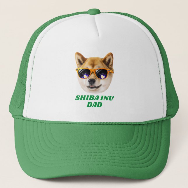 Cool Shiba Inu Dad Wearing Glasses Father's Day Trucker Hat (Front)