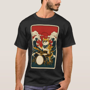 Cool Shiba Inu Drummer Japanese Wave Poster T-Shirt