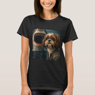 Cool shih tzu dog with shark selfie funny dark T-Shirt
