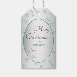 Cool Silver Effect Green Frame and Stars Christmas Gift Tags