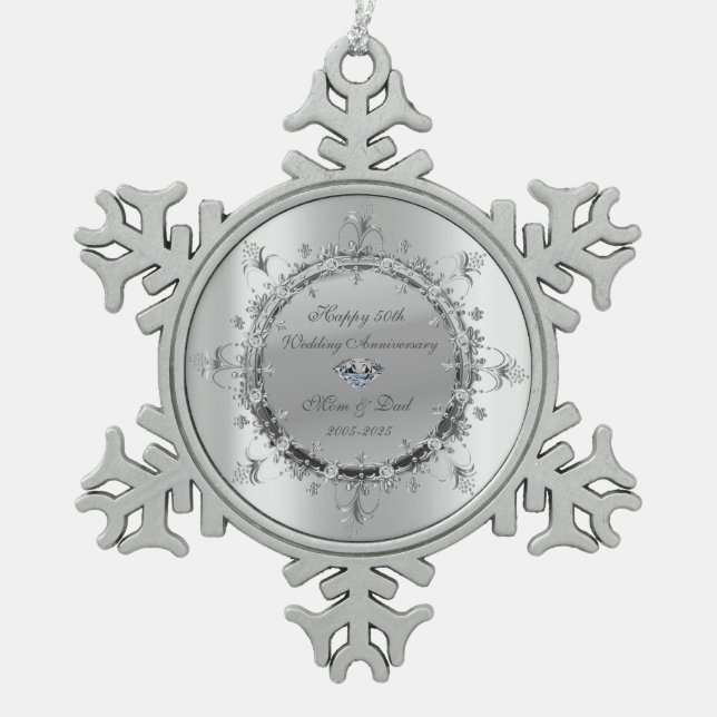 Cool Silver Floral Swirls Wedding Anniversary Snowflake Pewter Christmas Ornament (Front)