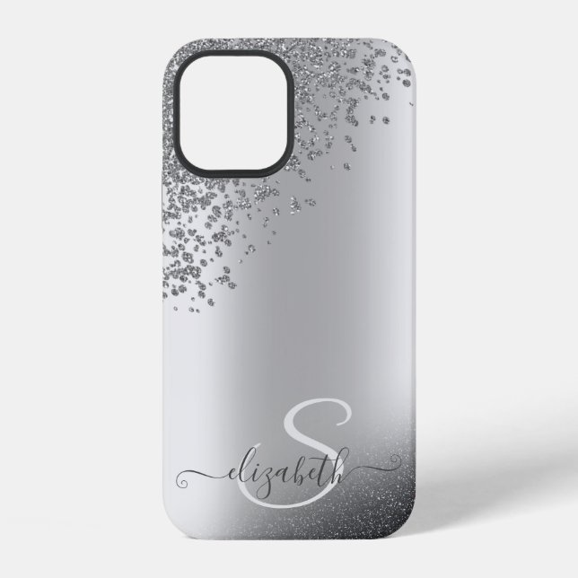 Cool Silver Glitter Diamonds Monogram iPhone Case (Back)