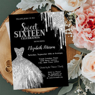 Cool Silver Glitter Drips,Dress Black Sweet 16 Invitation