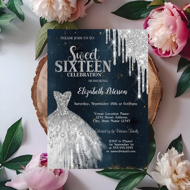 Cool Silver Glitter Drips,Dress Dark Blue Sweet 16 Invitation (Creator Uploaded)