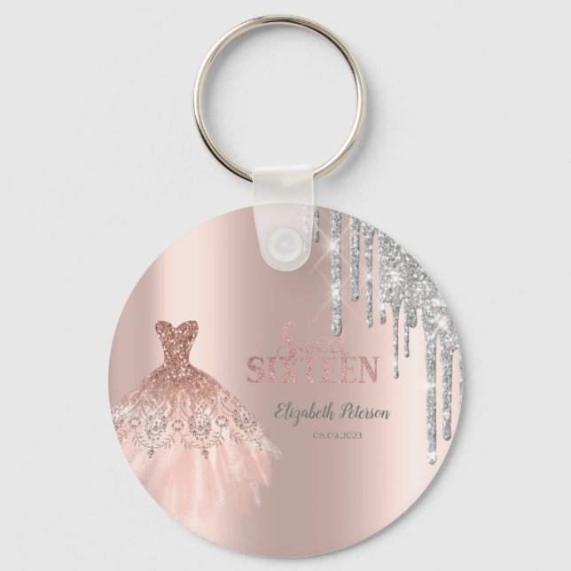 Cool Silver Glitter Drips,Dress Rose Gold Key Ring (Front)