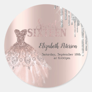 Cool Silver Glitter Drips,Dress Rose Gold Sweet 16 Classic Round Sticker