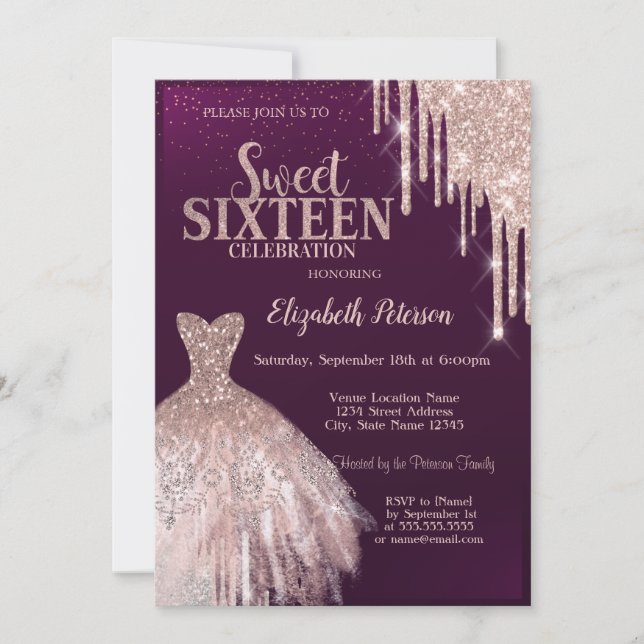 Cool Silver Glitter Drips,Dress Rose Gold Sweet 16 Invitation (Front)