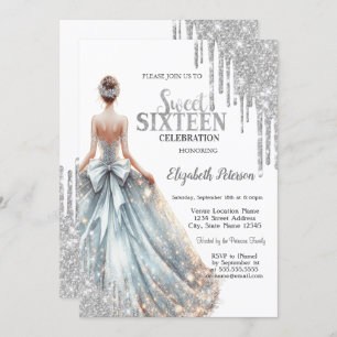 Cool Silver Glitter Drips,Girl Dress Sweet 16 Invitation