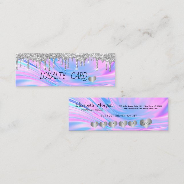 Cool Silver Glitter Drips,Hearts,Holographic,Opal Loyalty Card (Front/Back)