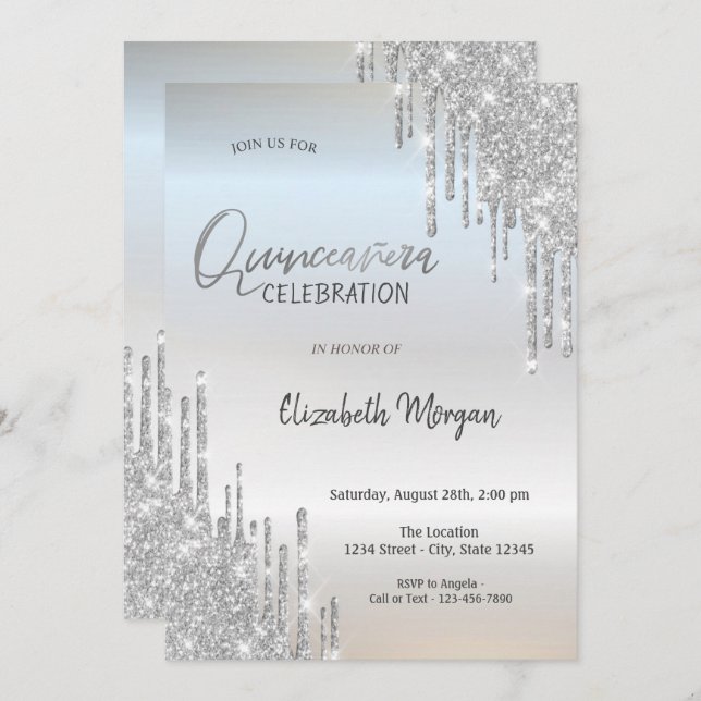 Cool Silver Glitter Drips  Quinceañera Invitation (Front/Back)