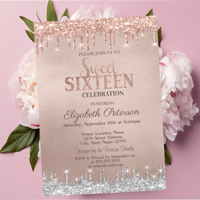 Cool Silver Glitter Drips Rose Gold  Sweet 16 Invitation (Creator Uploaded)