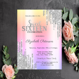 Cool Silver Glitter Drips Rose Gold Sweet 16 Invitation