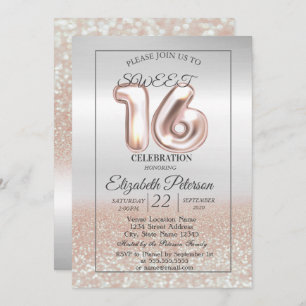Cool Silver Rose Gold Bokeh Sweet 16 Party Invitation