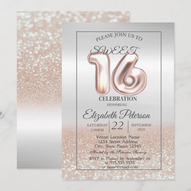 Cool Silver Rose Gold Bokeh Sweet 16 Party Invitation (Front/Back)
