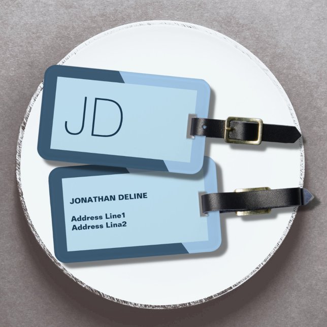 Cool Simple Blue Geometric Monogram Luggage Tag (Creator Uploaded)