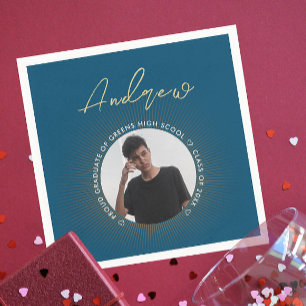 Cool Simple Blue Gold Modern Typography Grad Photo Napkin